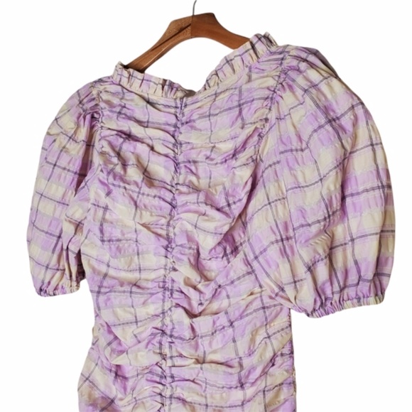 New Ganni Seersucker Check Ruched Short Dress - Picture 9 of 11